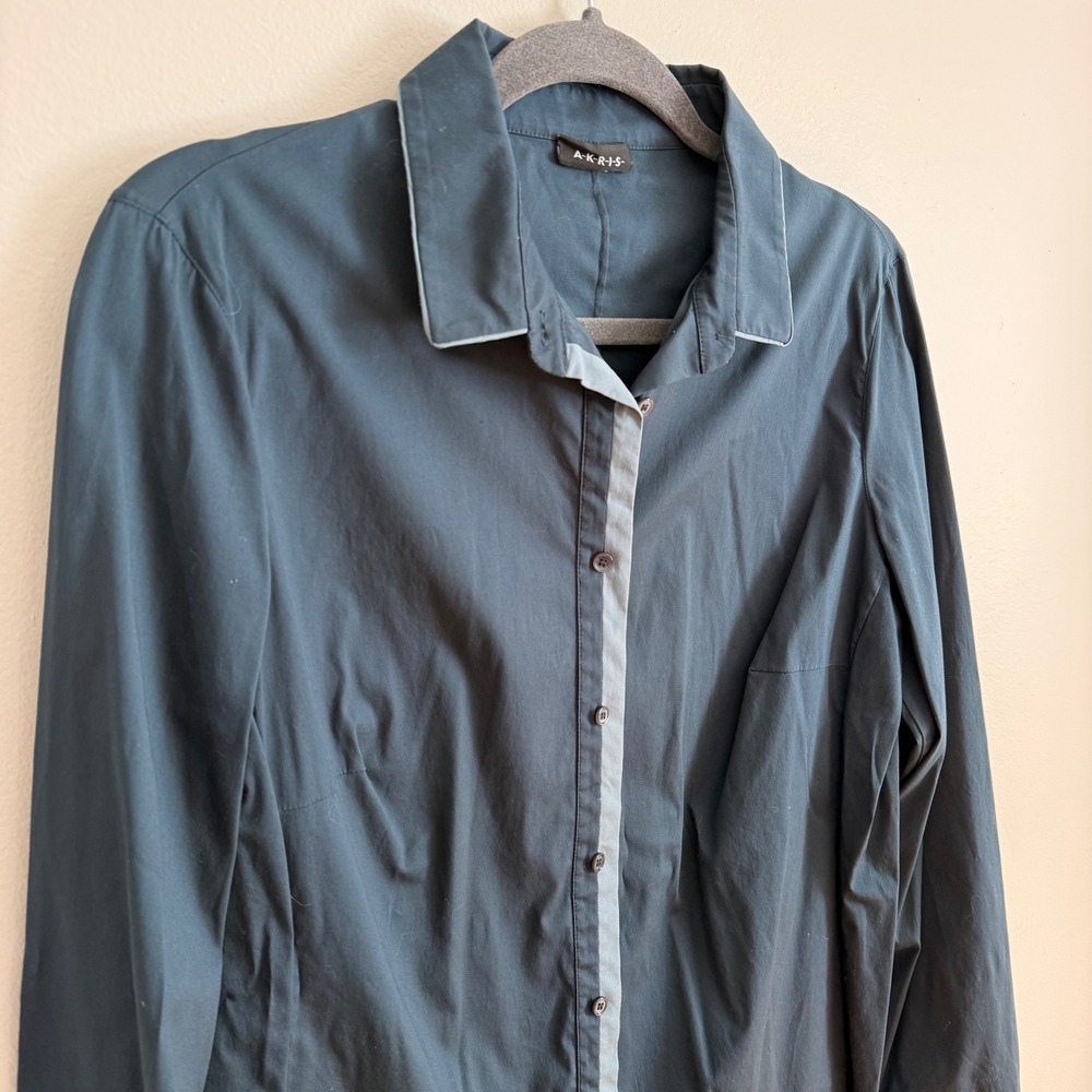 Akris Button Up Dark Teal Classic Fit‎ Top Size 12 Office Dressy Preppy Workwear - Picture 3 of 6
